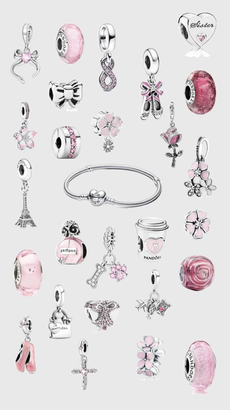 Pandora Charms With Meaning, Aesthetic Pandora Charms, Coquette Pandora, Cute Pandora Charms, Pandora Charms Aesthetic, Pandora Birthday Charms, Pandora Aesthetic, Pandora Charms Pink, Pandora Travel