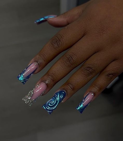 Short Blue And Silver Nails, Light Blue Nails With Design Square, Blue Birthday Nails Black Women, Nail Color Scheme Ideas, Light Blue Baddie Nails, Pisces Nail Ideas, Long Nail Designs 2024 Trends, Aqua Blue Nails Acrylic, Blue Marble Nails Acrylic