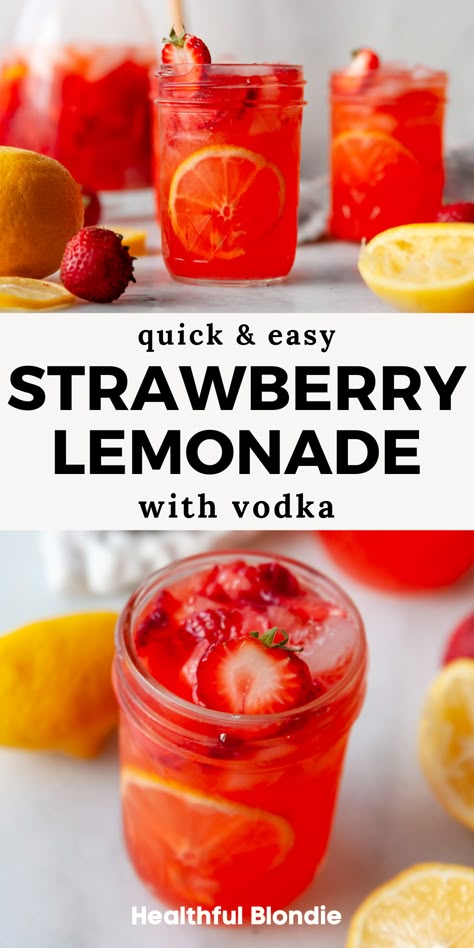 This easy strawberry lemonade vodka has the best sweet-tart flavor and is made with fresh strawberries and lemons – the perfect refreshing cocktail to make any time of year! Boozy Strawberry Lemonade, Strawberry Cocktail Recipe Summer Drinks, Strawberry Lemonade Vodka Drink, Strawberry Lemonade Drink Alcohol, Tito’s Strawberry Lemonade, Strawberry Lemon Cocktail, Homemade Mixed Drinks, Spiked Strawberry Lemonade Recipe, Strawberry Lemonade Vodka Recipe