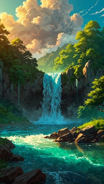 Sunset Waterfall, Waterfall Aesthetic, Waterfall Drawing, Leaves Border, Waterfall Painting, Waterfall Pictures, Waterfall Paintings, Imagination Art, Dream Landscape