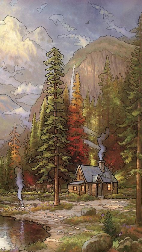 Fall Cabin Painting, Cottage In The Woods Drawing, Woods Drawing Forests, Autumn Drawing Aesthetic, Autumn Illustration Wallpaper, Simple Forest Drawing, Autumn Forest Illustration, Cabin Background, Forest Drawings