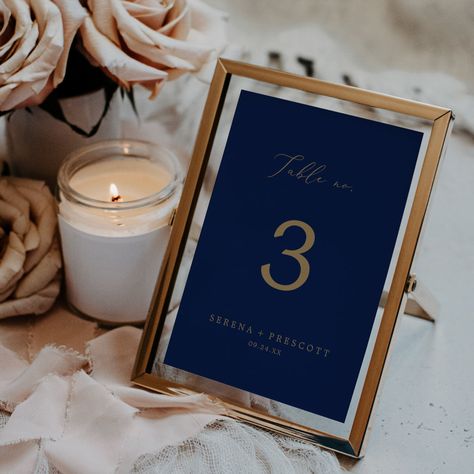 Blue And Gold Reception Decor, Simple Baby Shower Table, Gold Reception Decor, Reception Table Number, Yellow Typography, Navy Table, Gold Reception, Romantic Bridal Shower, Modern Wedding Table