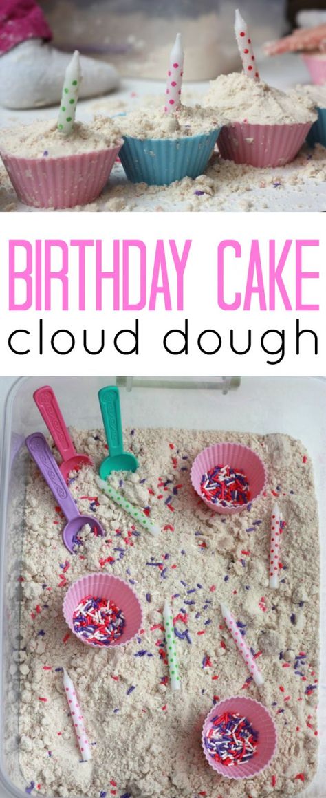 Birthday Cake Scented Cloud Dough - pretend play to make birthday cakes: Cloud Dough Recipes, Preschool Birthday, Sensory Table Ideas, Toddler Sensory Bins, Sensory Tables, Sensory Tubs, Sensory Tub, Make Birthday Cake, Preschool Sensory