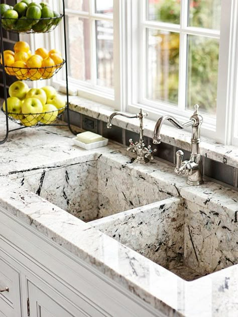 Custom-made granite kitchen sink to match countertops. White Granite Countertops, Outdoor Kitchen Countertops, Kitchen Countertop Materials, Granite Kitchen Sinks, Double Sinks, Stone Kitchen, Granite Countertops Kitchen, Stone Sink, Granite Sink