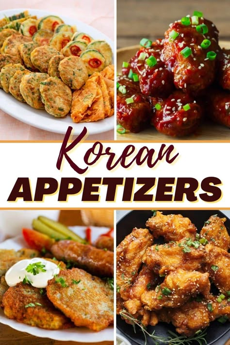 Also known as banchan, Korean appetizers are an important part of any Korean meal. From beef tacos to tuna pancakes to chicken wings, these authentic apps are so easy to whip up. Korean Inspired Appetizers, Korean Bbq Appetizer, Easy Korean Appetizers, Asian Party Appetizers, Korean Foods With Names, Asian Tapas Ideas, Korean Appetizer Recipes, Korean Appetizers For Party, Korean Potluck Dishes