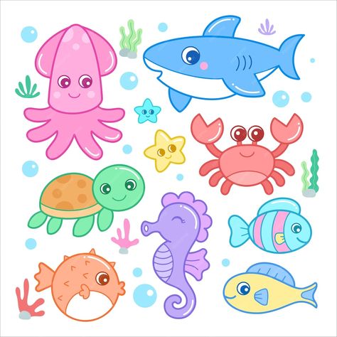 Sea Creatures For Kids, Sea Creatures Drawing, Animal Illustration Kids, Cartoon Sea Animals, Illustration For Kids, Ocean Drawing, Animals Illustration, Kids Doodles, Animal Doodles