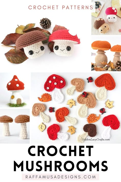 a collage of pictures showing crocheted mushrooms Mushroom Garland Pattern, Crochet Mushroom Top Pattern Free, Crochet Mushroom Garland Free Pattern, Toadstool Crochet Pattern, Small Crochet Mushroom Pattern Free, Crochet Mushroom Garland Pattern, Crochet Mushrooms Free Pattern, Small Crochet Patterns Free, Crochet Mushroom Garland