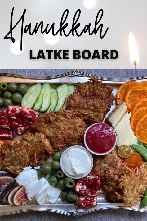 Hanukkah Latke Board Ideas (Perfect Appetizer) Potato Latke Board, Desserts For Hanukkah, Latke Bar Toppings, Latke Bar, Latke Board, Hanukkah Foods, Hanukkah Party Food, Hanukkah Baking, Hanukkah Latkes