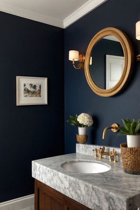 Step into sophistication with Hale Navy (HC-154) in your bathroom. Discover how to infuse nautical elegance into your daily interior design routine with this stunning color palette. #Ad #homedecor #homedesign #bathroom #Painthome interiorarchitecture best Wall Colors for Bathroom Colors Bright Room Colors best colors combinations bathroom bathroom Remodeling Modern Paint Colors 2024 Bathroom With Navy Walls, Navy Paint Bathroom, Navy Wall Bathroom, Hale Navy Powder Room, Hale Navy Bathroom Walls, Dark Blue Accent Wall Bathroom, Navy Bathroom Paint, Navy Blue And Gray Bathroom, Cabin Powder Room