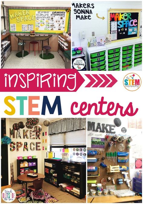 When it comes to setting up your STEM (science, technology, engineering and math) center, picking the perfect spot can make or break it. If you want to do it right, you need to be sure to have plenty of space for students to work AND enough room to store all of your supplies! So, to help you start brainstorming the perfect set-up for YOUR unique classroom, I've gathered some of my favorite STEM works spaces and  some inspiring storage ideas too. #stemcenters #makerspace #classroomdecor Math Science Classroom Setup, Steam Lab Classroom, Steam Center In Classroom, Stem Sign Classroom, Steam Lab Elementary Decor, Science Centers Elementary, Stem Areas In Classroom, Science Lab Classroom Design, Maker Space Kindergarten