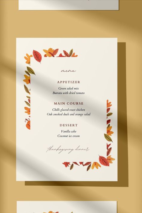 Thanksgiving Menu Cards, Thanksgiving Design Poster, Friendsgiving Menu Template, Fall Dinner Menu Ideas, Seasonal Menu Design, Holiday Menu Design, Fall Menu Design, Menu Border Design, Thanksgiving Menu Design