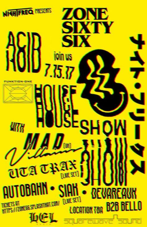 RA: Zone 66 present: Mad Villains U.K. (Acid House Special) at TBA - Utah, Utah (2017) Acid Design, Rave Poster, Acid House Rave, Rave Art, 90s House, House Letters, 90s Rave, Vintage Poster Design, Acid House