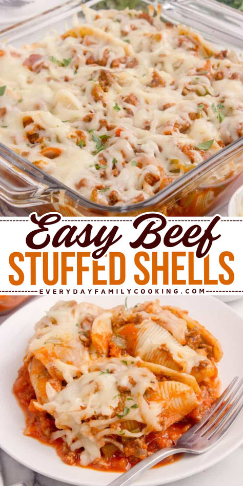 Beef stuffed shells are made with jumbo pasta shells and a homemade ground beef sauce. Topped with mozzarella cheese and baked to perfection! Cheese Stuffed Shells With Meat Sauce, Jumbo Shells Recipe Beef, Stuffed Shells With Ground Beef And Cream Cheese, 3 Cheese Stuffed Shells, Jumbo Shell Pasta Recipes, Make Ahead Stuffed Shells, Jumbo Pasta Shell Recipes, Stuffed Jumbo Shells Recipe, Jumbo Stuffed Pasta Shells