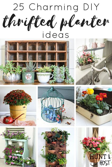 Browse through these charming thrifted planter ideas to add some unique whimsy to your house plant ideas. They are perfect for house plants on a budget! #houseplants #charming #thriftedplanter #houseplant #plantlady Homemade Planters Indoor, Creative Plant Pots Diy, Inexpensive Planter Ideas, Diy Unique Planter Ideas, Thrifted Planter Ideas, Unique Indoor Planter Ideas, Plant Tray Ideas, Unique Plant Pot Ideas, Interesting Plant Pots