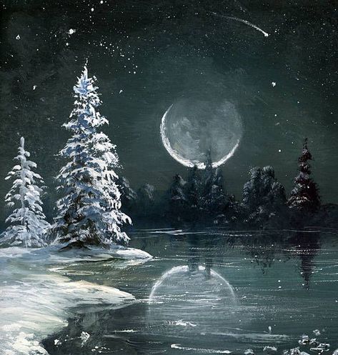 Artsy Party, Moon Paintings, Christmas Window Painting, Magical Nature, Christmas Canvas Art, Winter Landscape Painting, Nature Tour, Painting Snow, Winter Watercolor