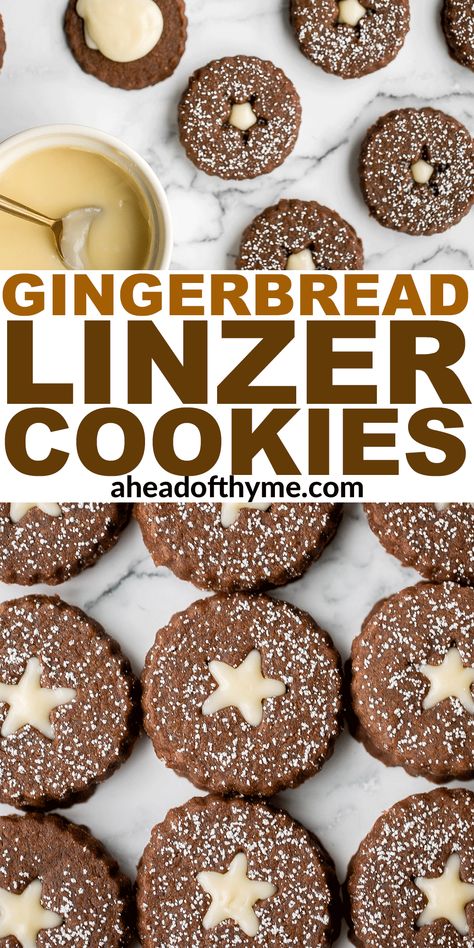 Gingerbread linzer cookies with white chocolate have two layers of soft and buttery gingerbread shortbread held together with a layer of white chocolate ganache, and lightly dusted with confectioners' sugar on top. They are warmly spiced with ginger and cinnamon and have a rich dose of molasses to keep them soft and chewy for days. This gingerbread twist on regular shortbread linzer cookies makes them the perfect holiday cookie. | aheadofthyme.com #gingerbreadlinzercookies ... via @aheadofthyme Gingerbread Linzer Cookies, Gingerbread Shortbread Cookies, Gingerbread Shortbread, Cookies With White Chocolate, Chewy Ginger Cookies, Special Cookies, Xmas Cookie, Pistachio Biscotti, Homestead Kitchen