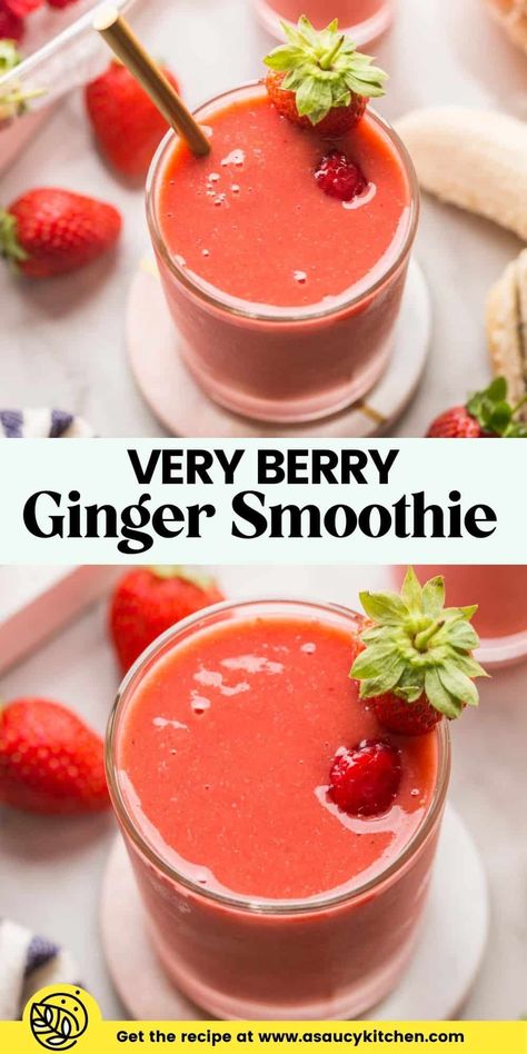 Add a little zing to your morning with this with this bright and fruity Berry Ginger Smoothie! Blended up whole fruit pack in the fibre making for a filling and nutritious drink that you can sip on-the-go. Strawberry Basil Smoothie, Berry Ginger Smoothie, Smoothie Recipes Filling, Sick Day Smoothie, Ginger In Smoothies, Smoothies With Ginger Root, Beet Ginger Smoothie, Smoothies For Nausea, Wake Up Smoothie