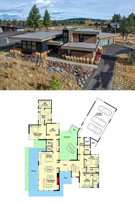 Mid-Century Modern 5-Bedroom House Plan Featuring Flat Rooflines and Angled 3-Car Garage Mid Century Modern Blueprints, Midcentury House Plans Layout, Mid Century Mansion Floor Plan, 4 Bedroom Mid Century House Plans, Mid Century Bloxburg House, Mid Century Modern Floor Plan, Midcentury Modern House Floor Plans, Midcentury Modern Floor Plans, Mid Century Modern Barndominium