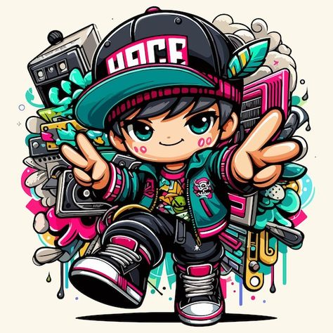 Hip hop boy | Premium Vector #Freepik #vector #kid-illustration #boy-cartoon #vectorart #kawaii-cartoon Insta Avatar, Cartoon Pirate Ship, Hip Hop Illustration, Kid Illustration, Cool Cartoon Drawings, Boy Cartoon, Door Design Images, Boys Sticker