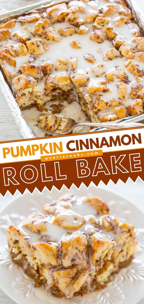 Pumpkin Cinnamon Roll Bake, fall food, pumpkin recipes, sweet breakfast ideas, brunch Cinnamon Roll Casserole, Cinnamon Roll Bake, Thanksgiving Breakfast, Cinnamon Roll Dough, Fall Baking Recipes, Pumpkin Recipe, Pumpkin Recipes Dessert, Fall Breakfast, Fall Dessert Recipes