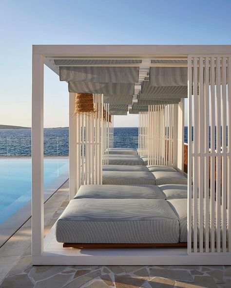 Minimalist Wardrobe Inspo on Instagram: “STYLE AND STATEMENT | This Beach Club With Its Soft Earth Tones Was Designed By “Architect and Interior Designer” Duo @humbertetpoyet With…” Pool Cabana Ideas, Cabana Design, Pool Bed, Pool Cabanas, Outdoor Cabana, Presidential Suite, Pool Cabana, Beach Cabana, Beach Bedding