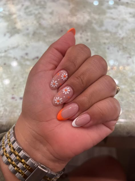 summer nails #flowers #orange #almondnails Orange Nails White Flowers, Summery Flowery Nails, Pastel Orange Nails With Flowers, Orange And Flower Nails, Almond Nails Orange French Tip, Orange Nails Acrylic Square, White With Orange Nails, White And Orange French Tip Nails, Summer Flower Nails Almond