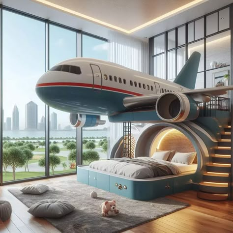 Bedroom - Trending Art Works Airplane Kids Room, Plane Room, Bedroom Creative Ideas, Airplane Room Decor, Twin Beds For Boys, Airplane Bedroom, Room With Bunk Beds, Airplane Bed, Childrens Bedrooms Design