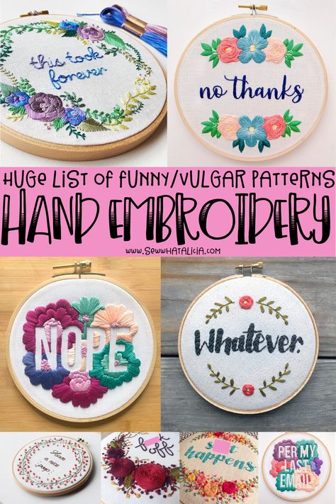 Funny Embroidery Patterns - Vulgar Hand Embroidery: This post has a ton of funny and a few vulgar hand embroidery patterns. Click through for a full list! | www.sewwhatalicia.com Passive Aggressive Embroidery, Inappropriate Embroidery Patterns, Embroidery Designs Easy Free Pattern, Embroidery Ideas For Beginners Free Pattern, Contemporary Embroidery Inspiration, Beginner Embroidery Projects, Hand Embroidery Designs Free, Inappropriate Embroidery, Free Embroidery Patterns Printables