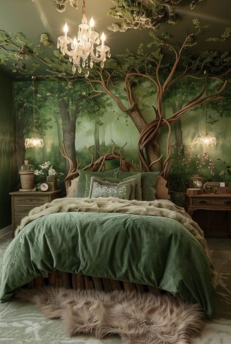 Tree Bedroom Mural, Fairy House Bedroom, Fantasy Aesthetic Home Decor, Bedroom Fantasy Decor, Faerie Aesthetic Bedroom, Garden Of Eden Room Decor, Interior Design Forest Theme, Cave Inspired Bedroom, Tranquil Home Decor