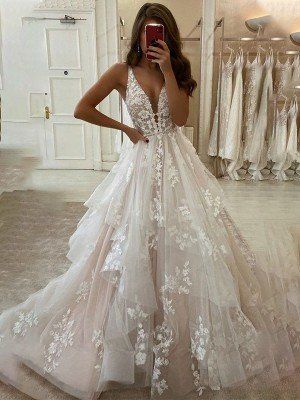 A-Line/Princess Applique Off-the-Shoulder Tulle Sweep/Brush Train Wedding Dresses - Wedding Dresses - Hebeos Dream Character, Willow Wedding, Famous Wedding Dresses, Elven Wedding, Puffy Wedding Dresses, Princess Bridal, Wedding Dress Boutiques, Cheap Wedding Dresses, Bridal Party Dresses