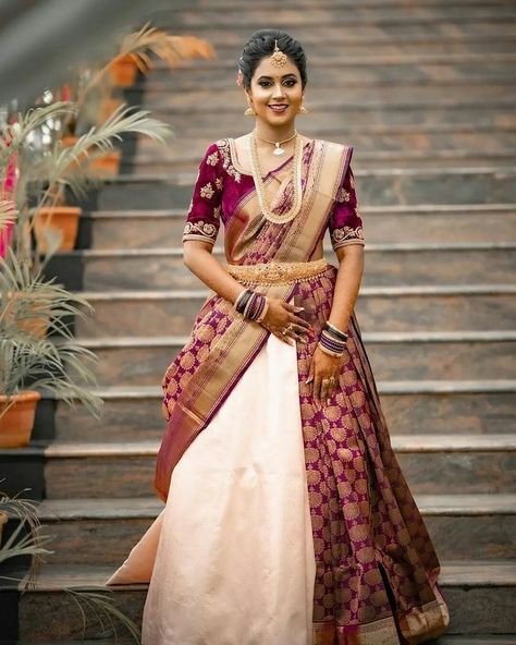 Bridal Saree Draping, Draping Saree, Plain Lehenga, Sari Lehenga, Lehenga Style Saree, Lehenga Saree Design, Saree Wearing Styles, Half Saree Lehenga, Simple Saree Designs