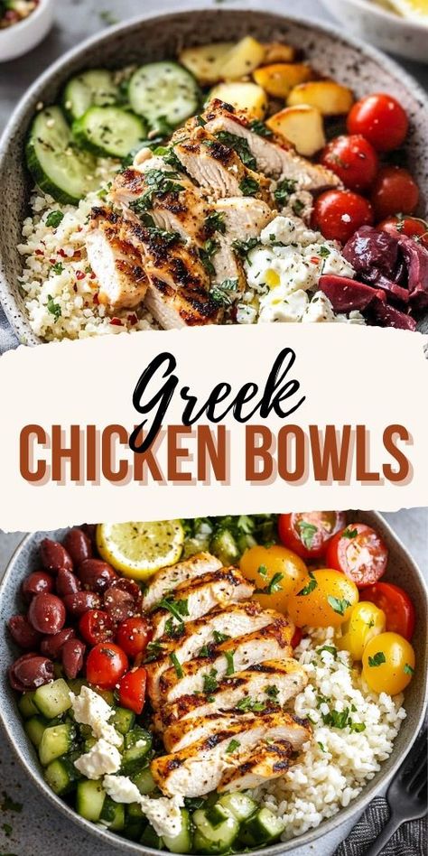 Greek Chicken Bowls Ingredients: Chicken: 4 small chicken breasts (about 1 1/4 pounds) 1/4 cup olive oil 1 tablespoon lemon zest 2 tablespoons lemon juice 2 tablespoons honey 1 teaspoon garlic powder 1 1/2 teaspoons dried oregano 1 1/2 teaspoon dried basil 1 teaspoon salt 1/4 teaspoon black pepper 1/2 teaspoon red pepper flakes Bowl: 2 cups cooked rice or quinoa 2 cups halved grape or cherry tomatoes 2 cups diced or chopped cucumber 4 cups shredded romaine lettuce 1 cup sliced red onion Mediterranean Chicken Bowl, Greek Chicken Bowls, Greek Rice, Mediterranean Bowls, Chicken Bowl Recipe, Chicken Bowls, Chicken Rice Bowls, Dried Basil, Rice Bowls Recipes