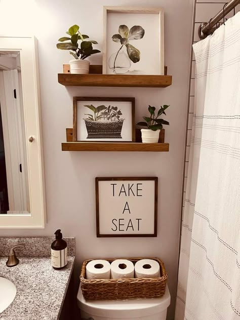 Above Toilet Decor Boho, Wooden Shelves Bathroom Above Toilet, Bathroom Decor Ideas Farmhouse, Over The Toulet Shelves, Flosting Shelves Above Toilet, Toilet Storage Ideas, Over The Toilet Storage Ideas, Neutral Bath, Bathroom Ideas Master