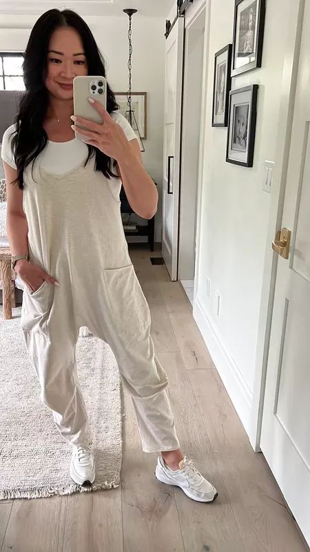 Loose Jumpsuit Outfit, Free People Jumpsuit Outfit, Relaxing Outfits, Free People Hot Shot Onesie, Free People Outfits, Summer Outfit 2023, Onesie Outfit, Outfit Ideas For Moms, White Sneakers Outfit