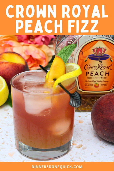 Indulge in a refreshing and flavorful Crown Royal Peach Fizz cocktail! This delightful drink, made with Crown Royal Peach whiskey, is perfect for summer gatherings, parties, or a relaxing evening at home. Impress your guests with this easy-to-make and delicious cocktail. Pin and follow Dinners Done Quick for more unique and tasty cocktail recipes! #CrownRoyalPeach #PeachCocktail #CrownRoyalDrinks #SummerDrinks #CocktailRecipes #WhiskeyCocktails Peach Fizz Cocktail, Peach Crown Royal Drink Recipes, Crown Peach Drink Recipes, Crown Royal Peach Drinks Recipes, Peach Crown Royal Recipes, Crown Apple Drinks Recipes, Crown And Coke, Peach Whiskey Drink, Salted Caramel White Russian