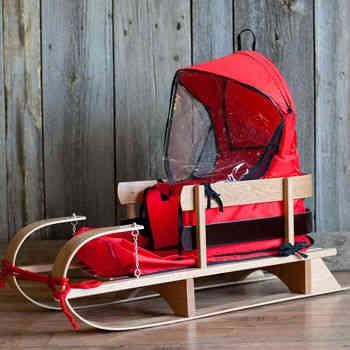 Classic Wooden Deluxe Baby Sled with Cushion and Windshield - Comfortable Back Rest, Reinforcement on the Back of the Skis with Red Polypropylene Cord, Brass Chain Detailing and Clear Coated Finish Toddler Sled, Baby Sled, Diy For Babies, Skiing Gear, Snow Sled, Awesome Toys, Luxury Family, Snow Blowers, Diy Toddler