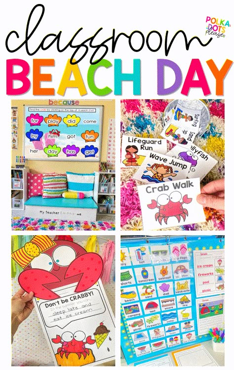 Classroom Beach Day Activities Beach Day Games, Classroom Beach Day, Beach Day Classroom, Classroom Beach Theme, Beach Day Activities, Beach Theme Preschool, Classroom Activities For Kids, Summer School Themes, Beach Theme Classroom