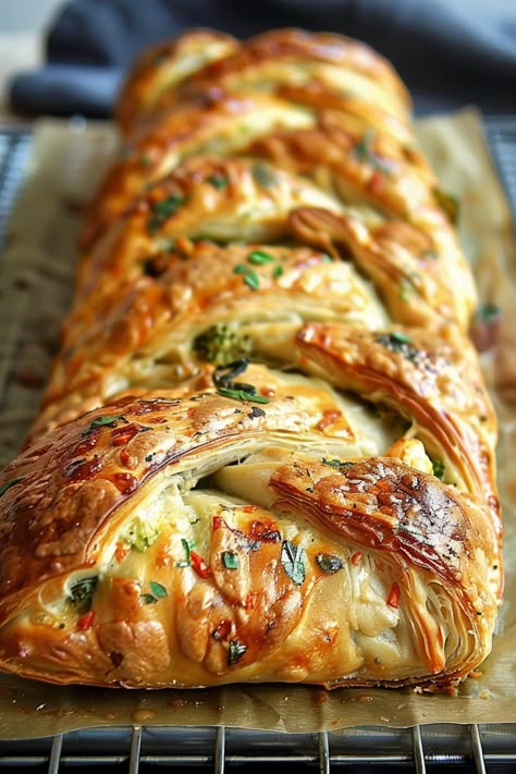 Chicken and Broccoli Braid Chicken Broccoli Cheese Puff Pastry, Chicken Broccoli Puff Pastry, Chicken Broccoli Braid Pampered Chef, Dinner Puff Pastry Recipes, Crescent Braid Recipes, Chicken Strudel, Broccoli Puff Pastry, Chicken And Broccoli Braid, Chicken Broccoli Braid