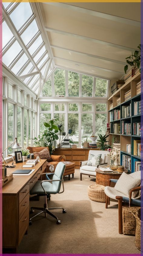 Home Sunroom Ideas, Sunroom Into Office, Home Office Conservatory, Conservatory Study Room, Home Office Sophisticated, Home Office Extension, Conservatory Home Office, Work Room Ideas Home, Home Office Big Windows