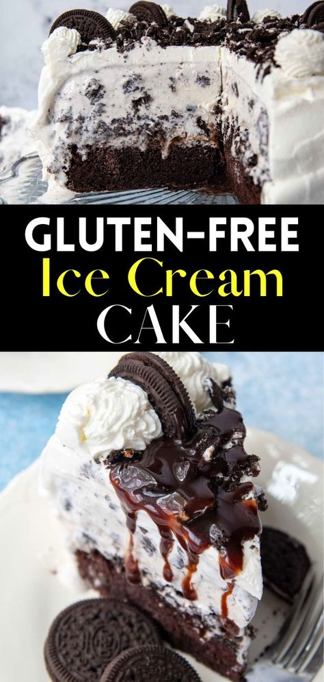 Move over Dairy Queen because this gluten-free ice cream cake beats any recipe out there! Celebrate a birthday or special occasion with chocolate cake layered with gluten-free Oreos, hot fudge, and ice cream, all covered with fluffy whipped cream frosting. An easy gluten-free dairy-free ice cream cake option is included. Dairy Free Ice Cream Cake, Gluten Free Ice Cream Cake, Fresh Cheese Recipe, Cake Easy Recipe, Gluten Free Oreos, Easy Ice Cream Cake, Fudge Ice Cream, Gluten Free Ice Cream, Diy Cheese