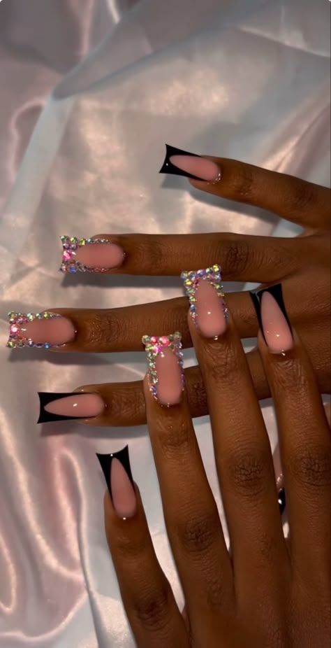 White Tip Acrylic Nails With Diamonds, Prom Inspired Nails, Medium Length Nails Birthday, Blinged Out Black Nails, Nails Design Square Long, Nails Idea Black Women, Red French Tip Nails With Diamonds, Nude Nails With Initial, Simple Bling Acrylic Nails