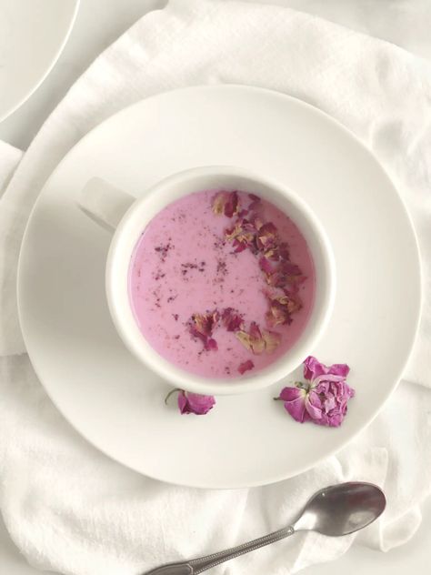 Rose milk recipe. Learn how to make rose milk with rose petals, beetroot powder, and milk for a nutritious and relaxing beverage. Rose Milk Tea Aesthetic, Herbal Tea Aesthetic, Rose Milk Tea, Dental Surgery Food, Blog Post Design, Herbal Drink, Rose Coffee, How To Make Rose, Rose Recipes