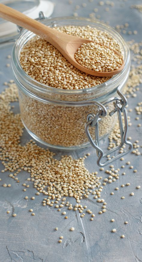 Seeds Photography, Mango Chia Pudding, Quinoa Seeds, Raw Pictures, White Quinoa, Low Glycemic Foods, Nuts & Seeds, Pretty Aesthetic, Grey Table