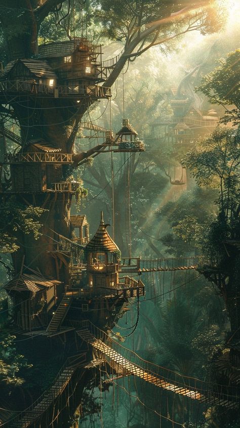 Enchanted Treehouse Escape: A mystical treehouse village nestled within an ancient forest bathed in the morning's ethereal light. #enchanted #treehouse #forest #mystical #village #ancient #morning #light #aiart #aiphoto #stockcake https://ayr.app/l/cPAC Treehouse City, Treehouse Village, Fantasy Treehouse, Fantasy And Reality, Forest Village, Fantasy Village, Ethereal Light, Fantasy Tree, My Fantasy World