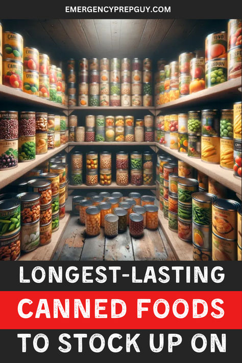 A well-organized pantry filled with a variety of canned goods, ideal for stockpiling food, storing food long term, and building a survival foods supply for emergency preparedness. Home Canned Food Storage Ideas, Stocking Up On Food, Home Emergency Preparedness, Survival Foods, Foods To Stock Up On, Food To Stock Up On, Survival Pantry, Canned Food Storage Ideas, Food Prepping Survival