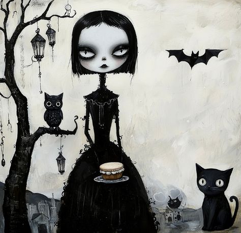 Alice In Gothland 🖤  #goth #gothart #art #fantasy #kunst #mycreation Trippy Goth Art, Oddities Painting, Gothic Love Art, Gothic Drawing Ideas, Goth Art Aesthetic, Sympathetic Villain, Goth Art Drawing, Goth Character Art, Tim Burton Inspired Art