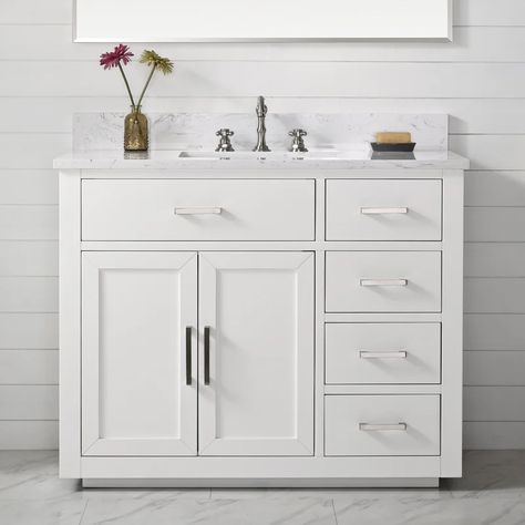 Sand & Stable Ingalls 42" Single Bathroom Vanity Set & Reviews | Wayfair White Bathroom Vanities, Mid Century Bathroom Vanity, 2024 Bathroom, Hidden Shelf, Ceramic Undermount Sink, Ocean Shore, Mid Century Bathroom, Bathroom Remodeling Ideas, Small Vanity