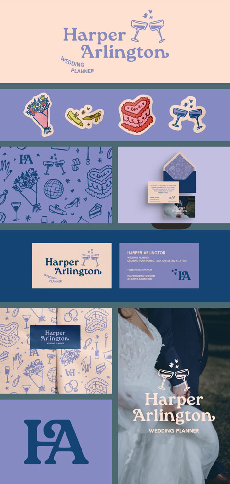 Harper Arlington is a fictional wedding event planner. It has a modern yet nostalgic feel, with a blue, loyal color palette, a bold logo font & playful illustrations. I created the brand identity and print assets, like business cards, envelope designs, thank you cards & tissue paper. I also created a set of wedding and love-themed illustrations for this brand. The illustrations include drawings of cake, rings, flowers, glasses, etc. Branding And Identity, Wedding Planner Design Ideas, Bridal Branding Logo, Illustration For Branding, Illustrator Brand Identity, Colorful Logo Design Ideas, Event Planner Logo Design Ideas, Bold Brand Design, Brunch Branding