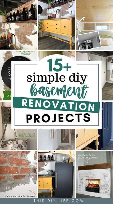 Yes you CAN have a beautiful basement! Check out these affordable DIY basement makeover projects to make your basement beautiful and functional. Included are ideas to make basement windows look bigger, make basement ceilings feel taller and look high end, wall treatments to add height and character, adding a bathroom without breaking concrete and so much more! One of these rooms was even featured in the Feb 2019 issue of BHG mag. Simple Basement Remodel Ideas, Basement Airbnb, Bedroom Ideas Basement, Basement Family Room Ideas, Room Ideas Basement, Basement Bar Decor, Basement Ceilings, Diy Faux Brick Wall, Remodeling Basement