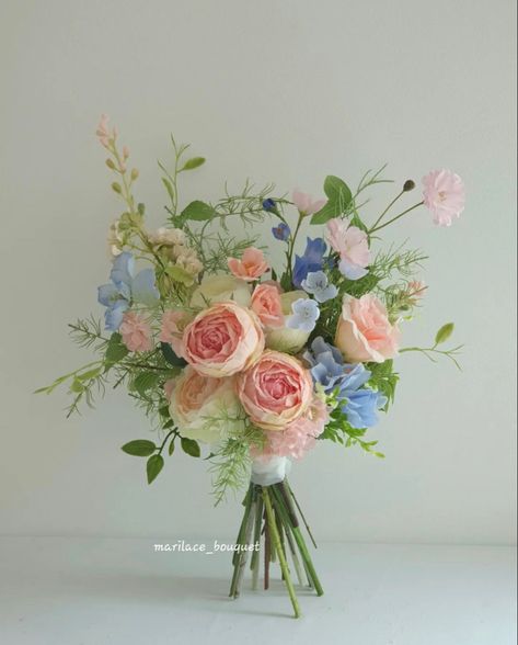 Peach And Blue Bridesmaid Bouquet, Pink Blue Green Wedding Flowers, Blue Pink And White Flowers, Blue Bridesmaids Pink Flowers, Pink And Blue Wildflower Bouquet, Small Pastel Bouquet, Bridal Bouquet Blue And Pink, Pink And Blue Spring Wedding, Blue Green White Pink Wedding Flowers